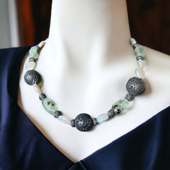 Natural Baroque Coin Pearl Moss Agate Lava Bead Necklace Sterling Silver Heart - Picture 1 of 8